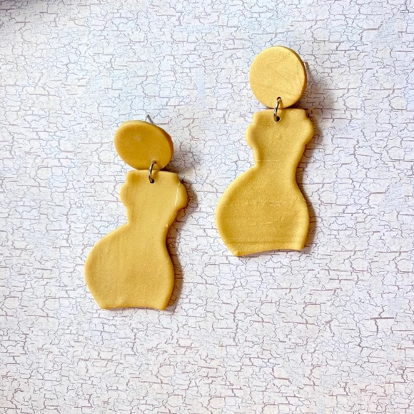 Handmade Clay Earrings | Forms of a Woman Silhouette | Yellow w/ Circle Stud - Picture 2 of 6